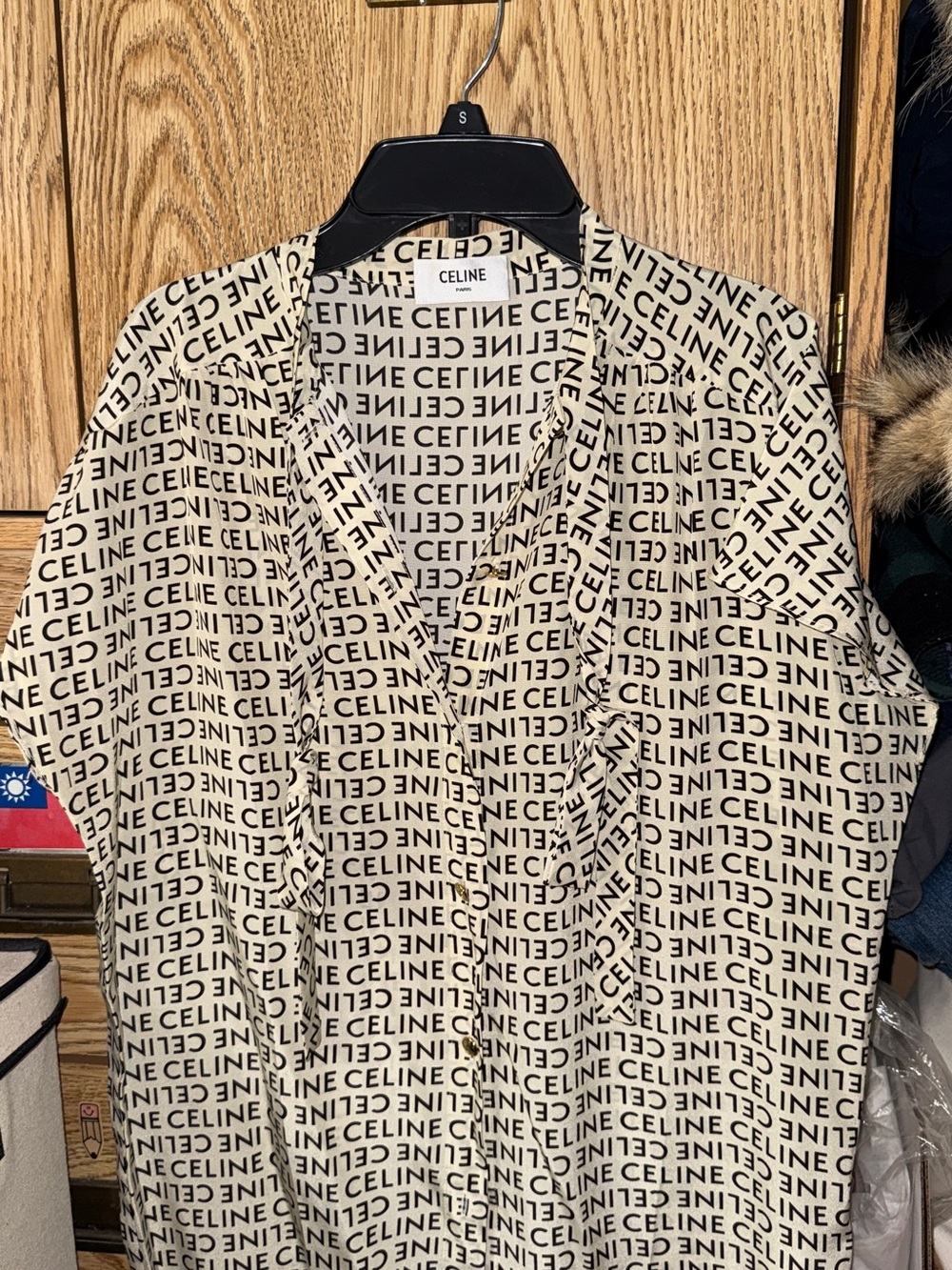 Celine Cream and Black Logo-Print Short Sleeve Button-Down Shirt